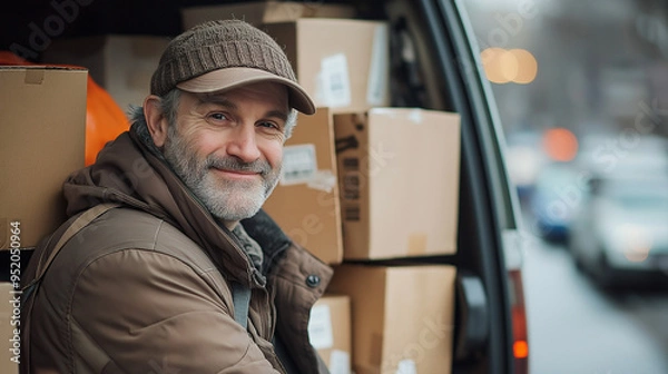 Obraz A smiling delivery man with gray hair and facial stubble, wearing a brown jacket and cap, sitting in the back seat of his van full of cardboard boxes on a city street. He is looking at the camera