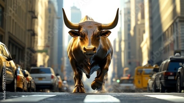 Fototapeta Powerful bull striding confidently down a bustling Taipei city street, symbolizing a rising market, surrounded by tall buildings, modern urban environment, blue skies