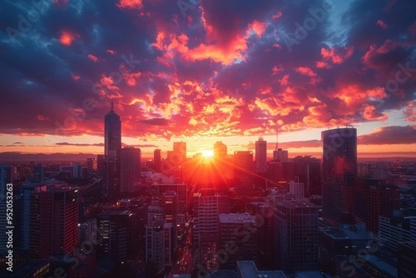 Fototapeta Sunset over a city with tall buildings and a bright orange sky
