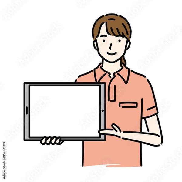 Fototapeta タブレットを指す女性ヘルパー
