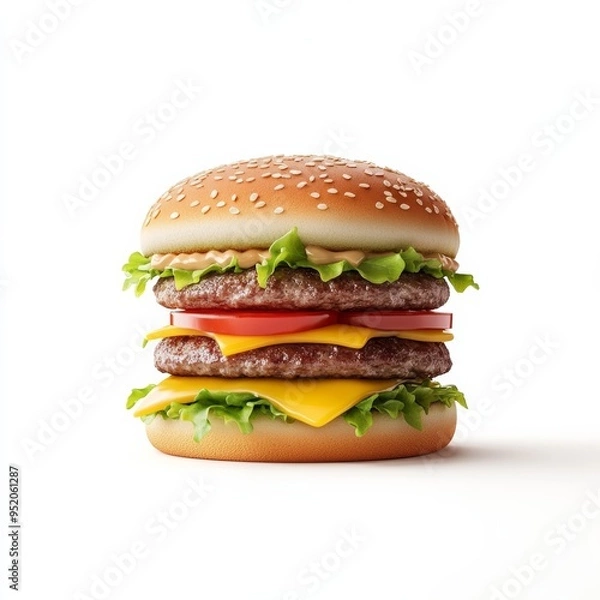 Fototapeta A 3D icon of a simple, cute hamburger with layers of lettuce, tomato, and cheese, set against a clean white background