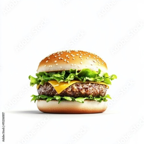 Fototapeta A 3D icon of a simple, cute hamburger with lettuce, cheese, and a juicy beef patty, all enclosed in a sesame seed bun, set against a white background