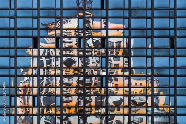 Obraz Curved reflection of a weird house on the glass facade of the building