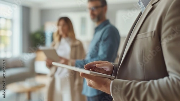 Fototapeta Real Estate Agent Using Tablet to Show Property Layout to Couple in Modern Unfurnished Room