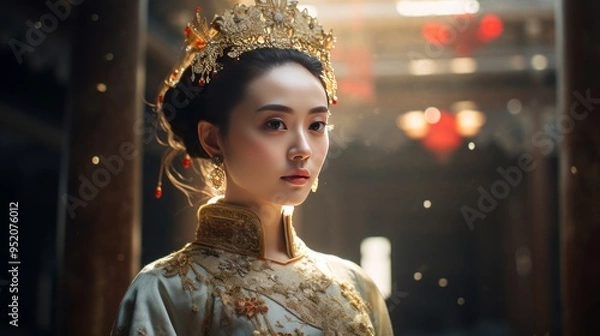 Fototapeta Chinese nobles wearing ancient Chinese ornaments in Chinese palaces, created with AI