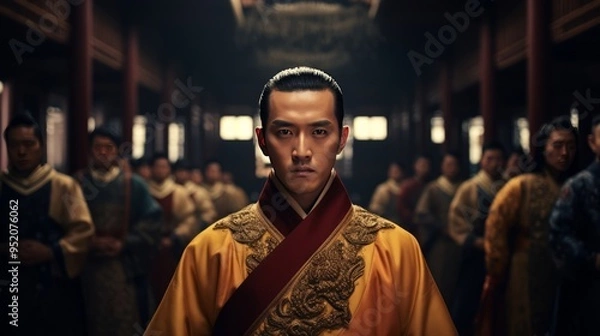 Fototapeta Chinese nobles wearing ancient Chinese ornaments in Chinese palaces, created with AI