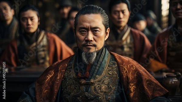 Fototapeta Chinese nobles wearing ancient Chinese ornaments in Chinese palaces, created with AI