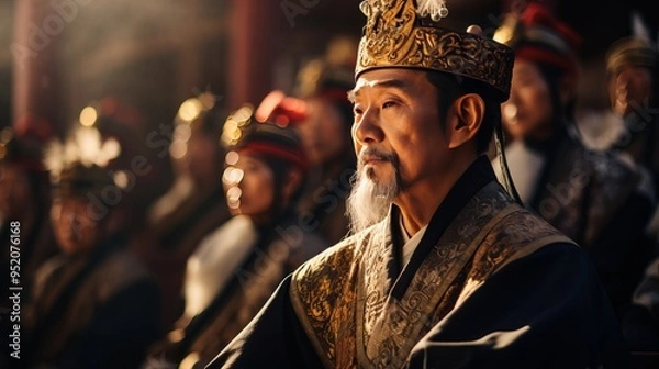Fototapeta Chinese nobles wearing ancient Chinese ornaments in Chinese palaces, created with AI