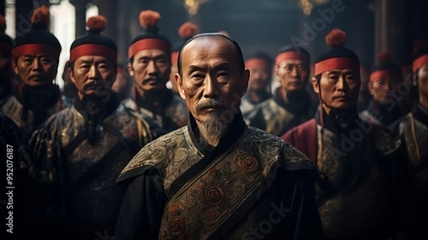 Fototapeta Chinese nobles wearing ancient Chinese ornaments in Chinese palaces, created with AI