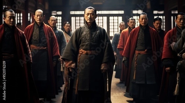 Fototapeta Chinese nobles wearing ancient Chinese ornaments in Chinese palaces, created with AI