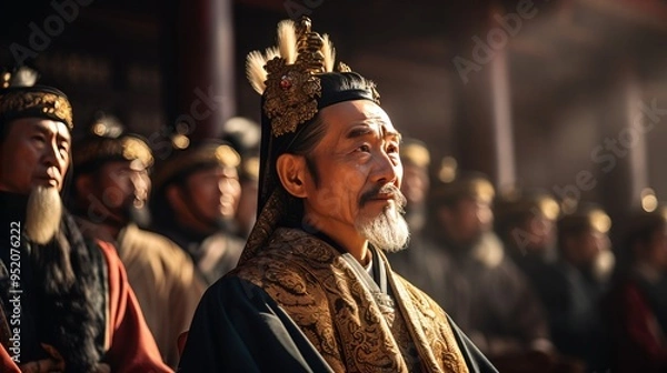 Fototapeta Chinese nobles wearing ancient Chinese ornaments in Chinese palaces, created with AI