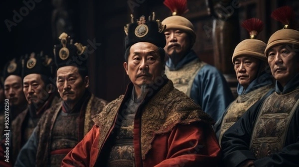 Fototapeta Chinese nobles wearing ancient Chinese ornaments in Chinese palaces, created with AI