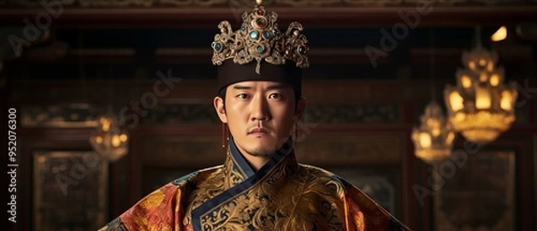 Fototapeta Chinese nobles wearing ancient Chinese ornaments in Chinese palaces, created with AI