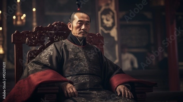 Fototapeta Chinese nobles wearing ancient Chinese ornaments in Chinese palaces, created with AI