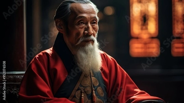 Fototapeta Chinese nobles wearing ancient Chinese ornaments in Chinese palaces, created with AI