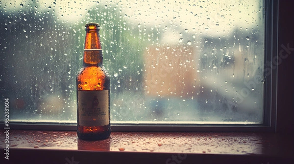 Fototapeta A rainy day scene features a beer bottle on a windowsill with raindrops cascading down the glass, creating a cozy, contemplative atmosphere