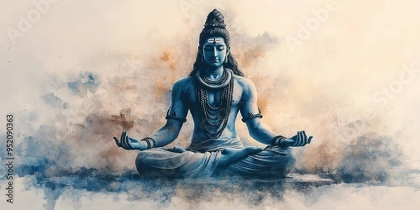 Fototapeta Hindu God Shiva statue in meditation. Generative AI， Watercolor Abstract for Modern Spirituality. Vibrant Red-Blue Hindu Art Ideal for T-Shirts, Posters, and UI Projects. Minimalist Cultural Design Pe