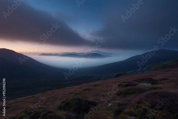 Obraz Surreal Highland Vista Framed in Fog and Twilight Atmospheric Landscape