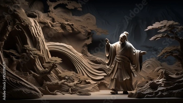 Fototapeta Chinese nobleman carved in stone, wearing ancient Chinese ornaments in Chinese palace, created with AI
