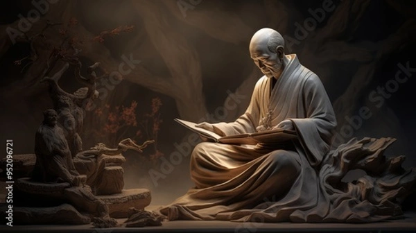Fototapeta Chinese nobleman carved in stone, wearing ancient Chinese ornaments in Chinese palace, created with AI