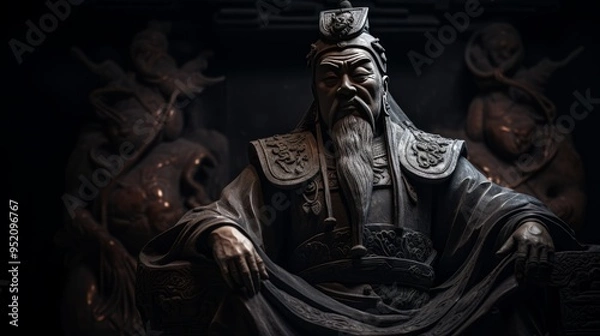 Fototapeta Chinese nobleman carved in stone, wearing ancient Chinese ornaments in Chinese palace, created with AI