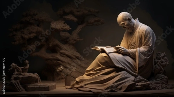 Fototapeta Chinese nobleman carved in stone, wearing ancient Chinese ornaments in Chinese palace, created with AI