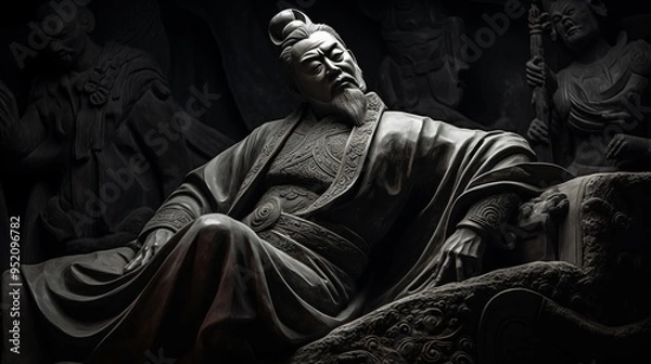 Fototapeta Chinese nobleman carved in stone, wearing ancient Chinese ornaments in Chinese palace, created with AI