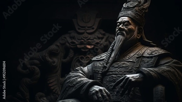 Fototapeta Chinese nobleman carved in stone, wearing ancient Chinese ornaments in Chinese palace, created with AI