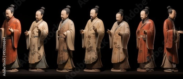 Fototapeta Chinese nobleman carved in stone, wearing ancient Chinese ornaments in Chinese palace, created with AI
