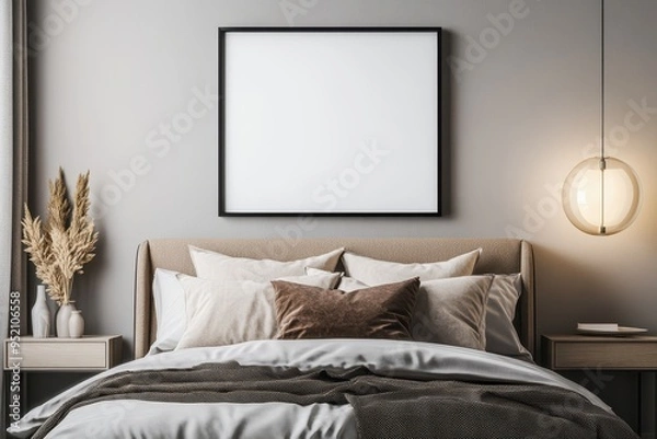 Fototapeta A cozy bedroom with neutral tones, decorative pillows, and minimalistic decor.
