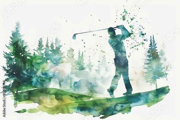 Fototapeta A watercolor illustration of a golfer swinging on a lush course surrounded by trees, capturing the essence of the sport.