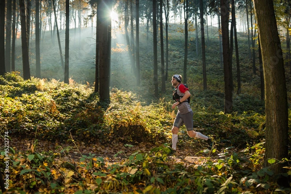 Obraz man running in the autumn forest with morning sun rays