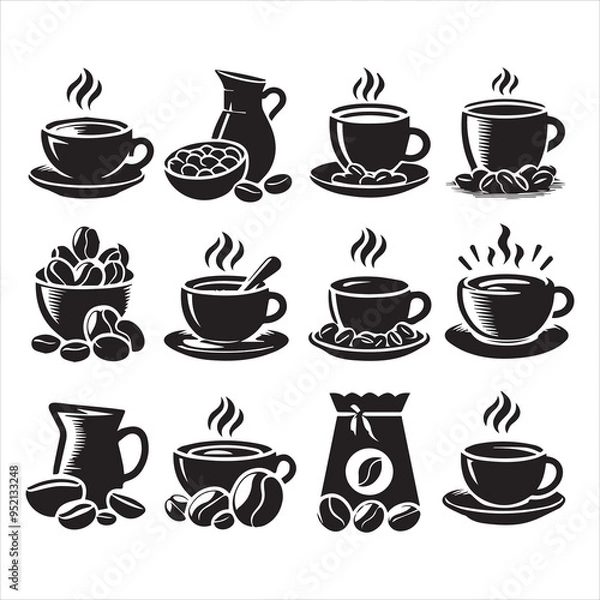 Fototapeta Coffee Beans Black silhouette vector in white background 