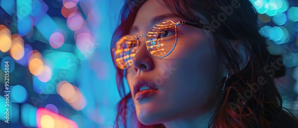 Fototapeta Close-up of woman's face wearing glasses looking at technology screen, led screen light