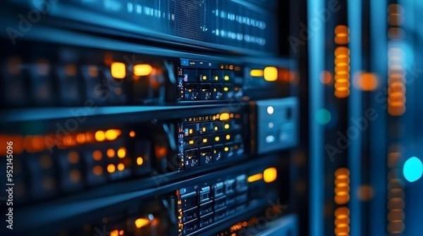 Fototapeta Secure data encryption hardware and servers installed in a modern data center facility