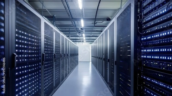 Obraz A modern data center facility powered entirely by renewable energy sources like solar panels and wind turbines showcasing a sustainable and eco friendly approach to digital infrastructure