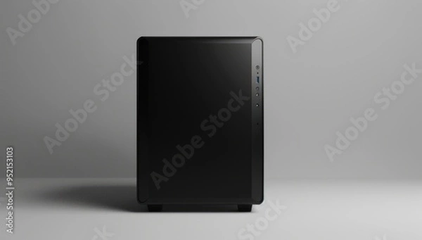 Fototapeta 3d model of black pc case, front view, solid grey background, octane render