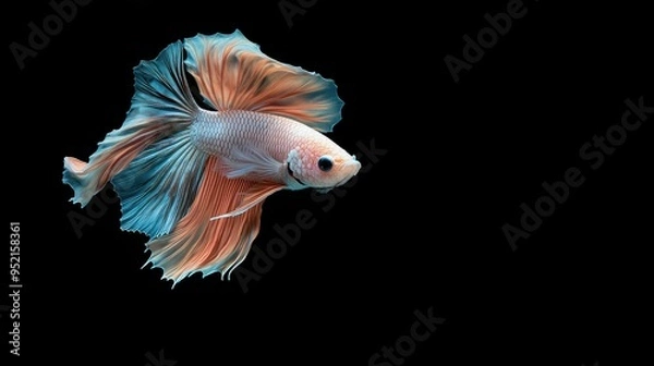 Fototapeta A beautiful moment frozen in time, as a Halfmoon Betta fish with vivid colors moves gracefully against a black background,