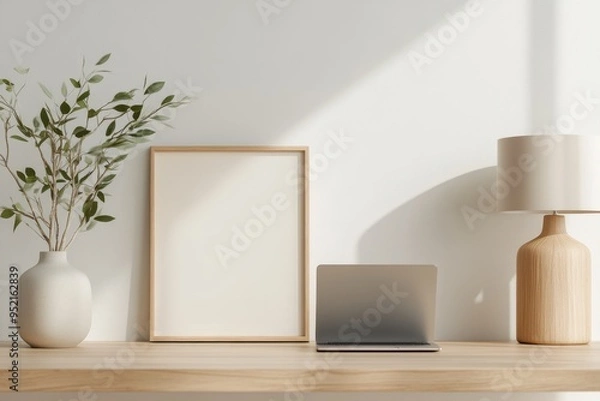 Fototapeta Modern Home Office Interior with Metallic Frame Mockup on Desk with Laptop and Lamp