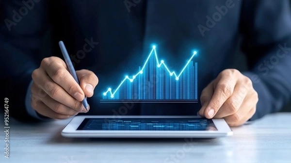 Fototapeta Businessman using a tablet with a glowing upward graph of stock market growth on the screen and holding a pen for a business plan or financial concept. 