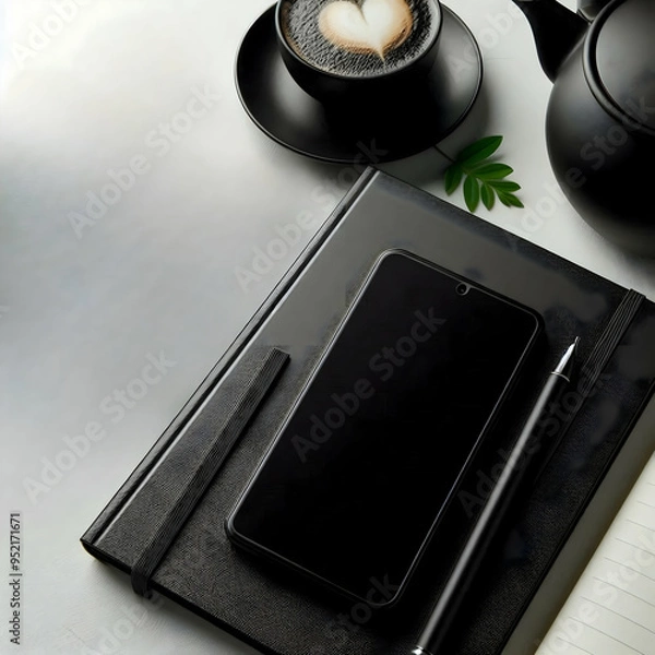 Fototapeta Mobile phone with notebook and pen mockup