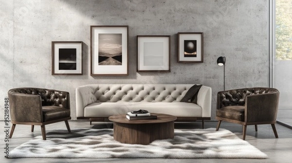 Fototapeta Bouclé sofa and two armchairs on a fur rug against a concrete wall with art frames, exemplifying loft-style minimalist interior design in a modern living room.