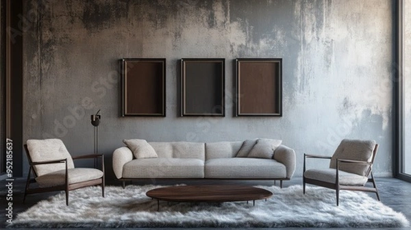 Fototapeta Bouclé sofa and two armchairs on a fur rug against a concrete wall with art frames, exemplifying loft-style minimalist interior design in a modern living room.