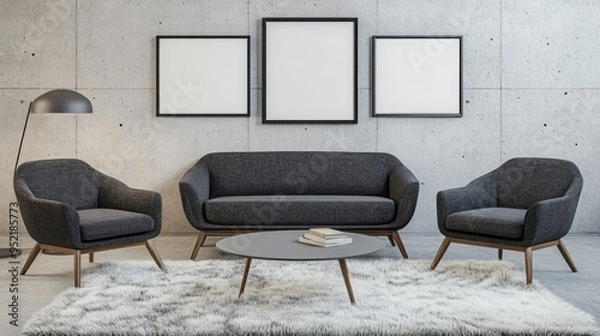 Fototapeta Bouclé sofa and two armchairs on a fur rug against a concrete wall with art frames, exemplifying loft-style minimalist interior design in a modern living room.