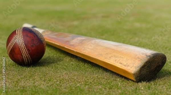 Fototapeta Close-Up of Cricket Ball and Bat on Grass Field, capturing the essence of traditional cricket with detailed focus on sports gear and the vibrant green of the cricket pitch