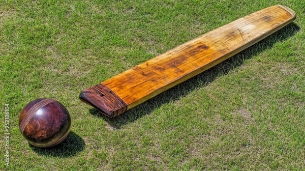 Fototapeta Close-Up of Cricket Ball and Bat on Grass Field, capturing the essence of traditional cricket with detailed focus on sports gear and the vibrant green of the cricket pitch