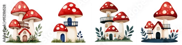 Fototapeta Whimsical double decker mushroom houses with vibrant red caps and charming details create magical scene.