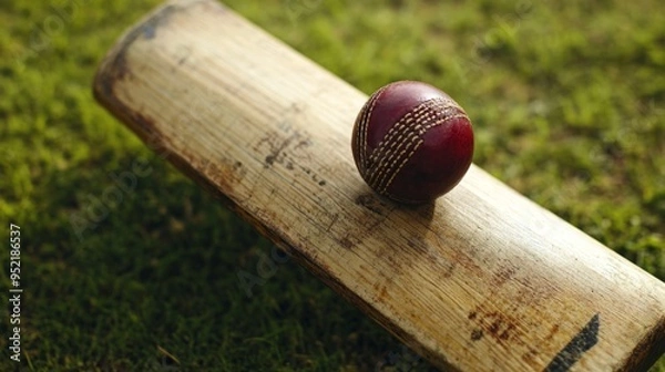 Fototapeta Close-Up of Cricket Ball and Bat on Grass Field, capturing the essence of traditional cricket with detailed focus on sports gear and the vibrant green of the cricket pitch