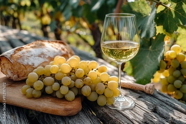 Fototapeta glass of dry White wine ripe grapes and bread on table in vineyard generative ai