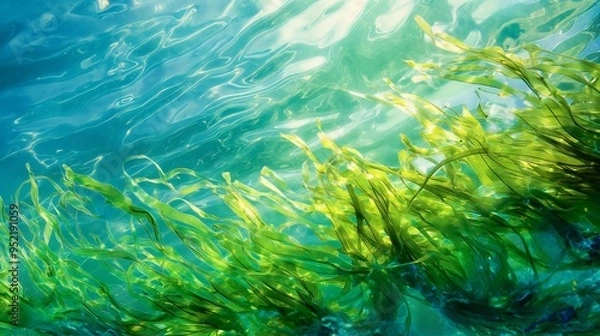 Fototapeta Image of algae in azure blue ocean.